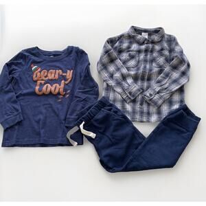 Lot of 3 Boys 5T Long Sleeve T Shirt, Joggers Sweatpants, Button Up Plaid Shirt